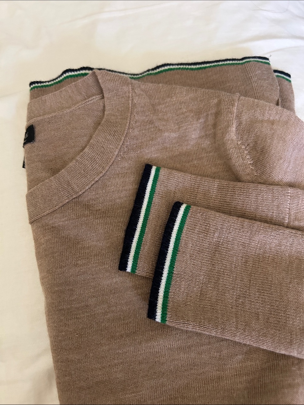 Light Brown merino Knit Top with Green Trim